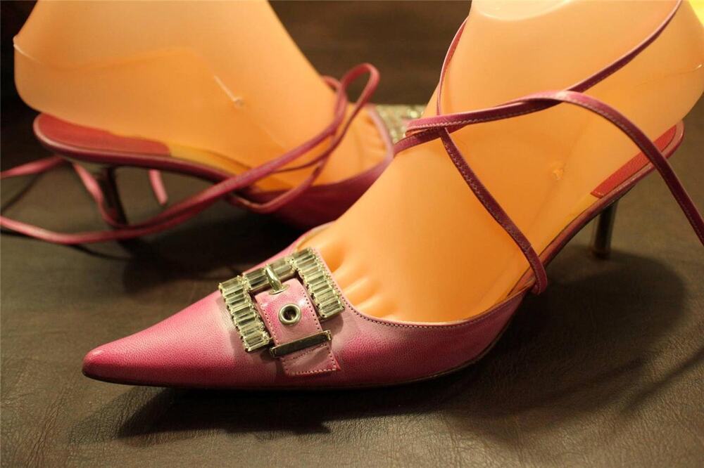 NWOB Luciano Padovan RHINESTONE BUCKLE ANKLE WRAP SLIDE SHOES SIZE 36 US 6(taco7